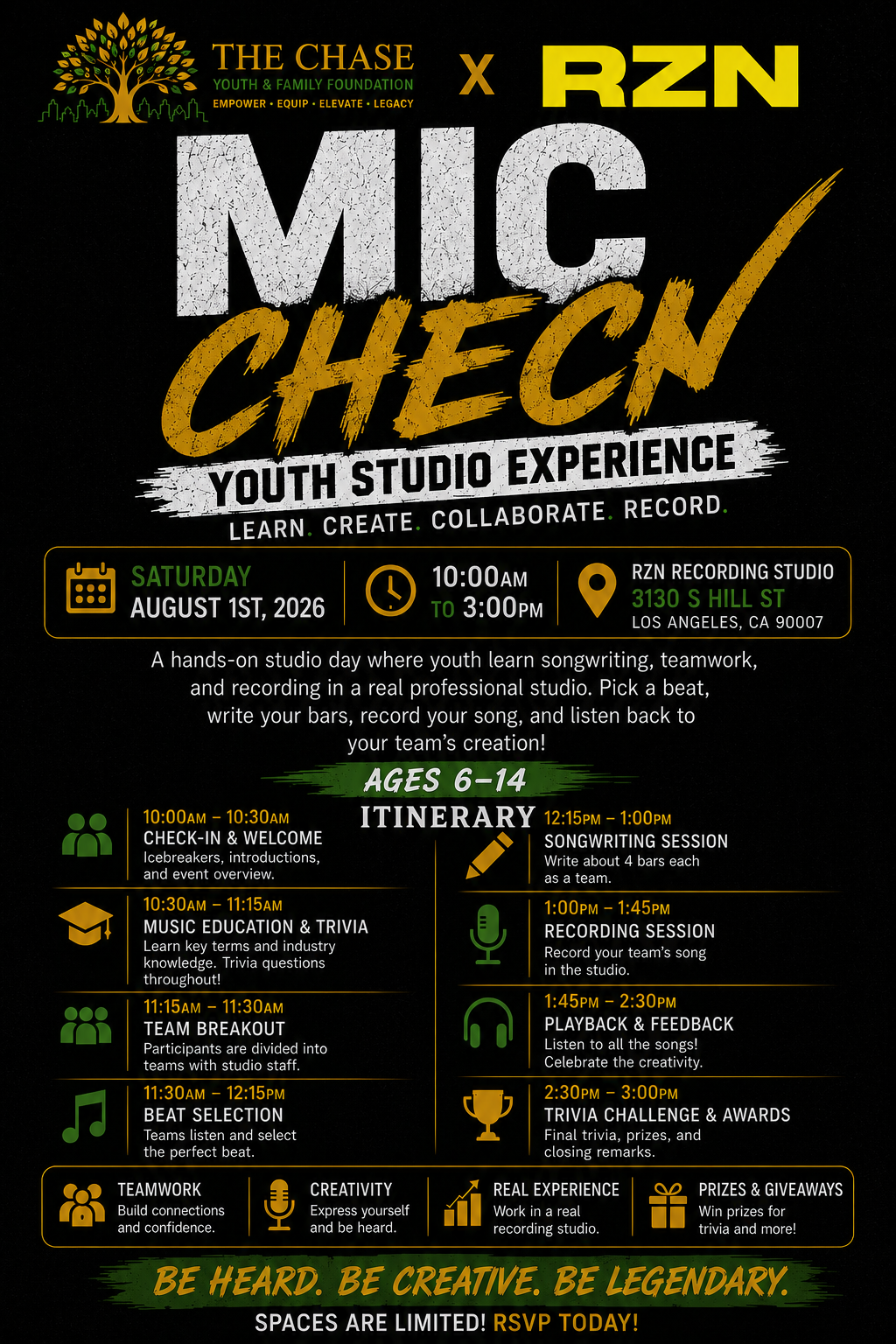 Mic Check Youth Studio Experience — Saturday August 1, 2026, RZN Recording Studio, Los Angeles